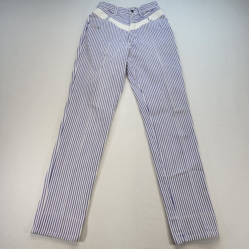 Z Blaze Striped Pants Women 27 Blue White Western V-Yoke High Waist Straight Leg